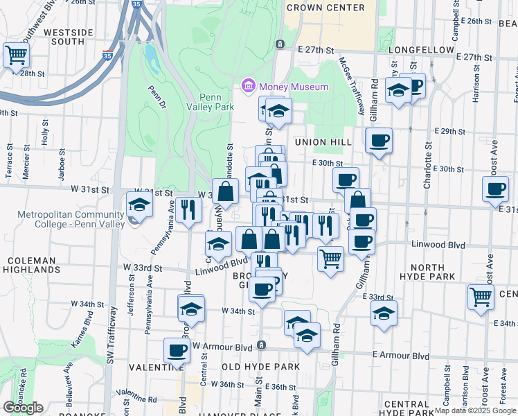 map of restaurants, bars, coffee shops, grocery stores, and more near in Kansas City