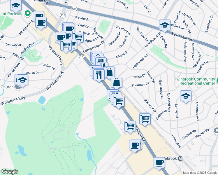 map of restaurants, bars, coffee shops, grocery stores, and more near 1180 Rockville Pike in Rockville