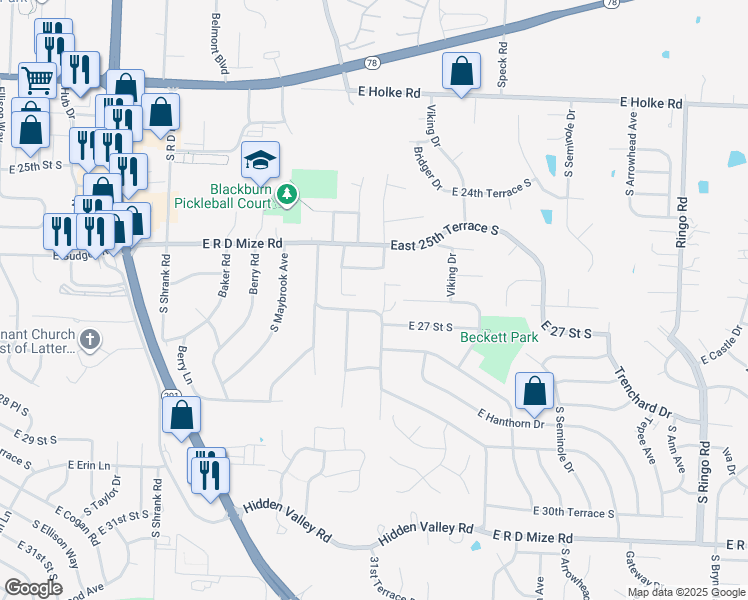 map of restaurants, bars, coffee shops, grocery stores, and more near 17908 East R D Mize Road in Independence