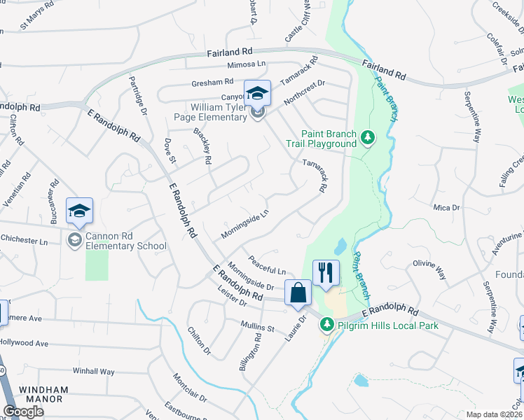 map of restaurants, bars, coffee shops, grocery stores, and more near 13016 Morningside Lane in Silver Spring