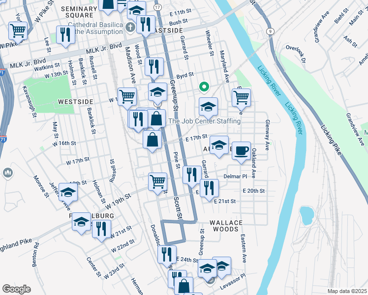 map of restaurants, bars, coffee shops, grocery stores, and more near 1711 Greenup Street in Covington