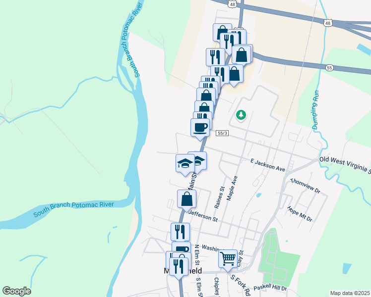map of restaurants, bars, coffee shops, grocery stores, and more near 508 North Main Street in Moorefield