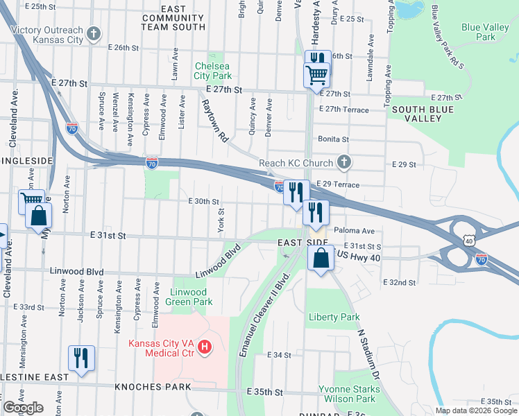 map of restaurants, bars, coffee shops, grocery stores, and more near 5101 East 30th Street in Kansas City