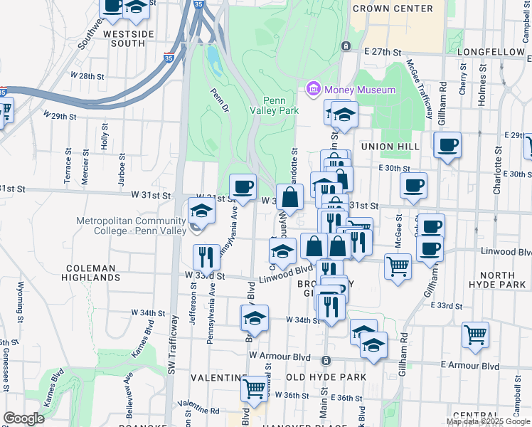 map of restaurants, bars, coffee shops, grocery stores, and more near 3100 Broadway Boulevard in Kansas City