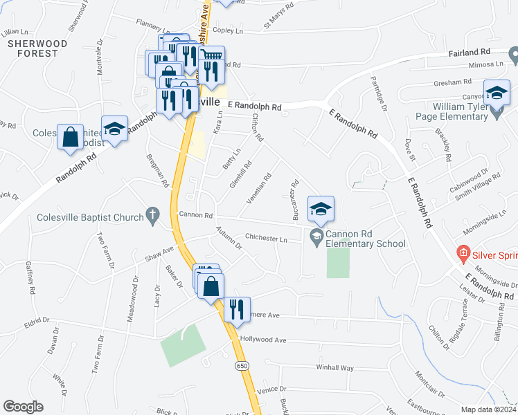 map of restaurants, bars, coffee shops, grocery stores, and more near 13109 Venetian Road in Silver Spring