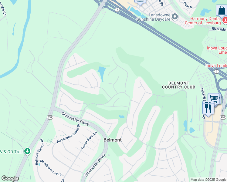 map of restaurants, bars, coffee shops, grocery stores, and more near 19701 Stanford Hall Place in Ashburn