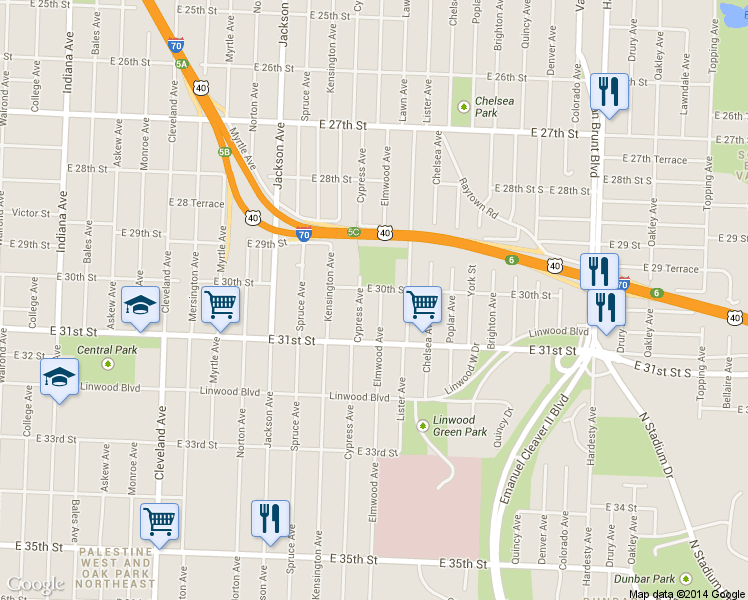map of restaurants, bars, coffee shops, grocery stores, and more near 3008 Elmwood Ave in Kansas City