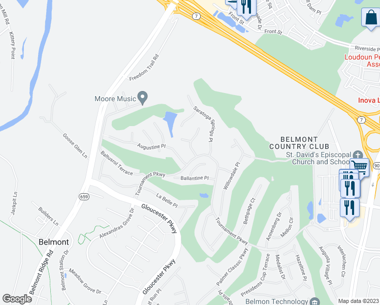 map of restaurants, bars, coffee shops, grocery stores, and more near 19701 Stanford Hall Place in Ashburn