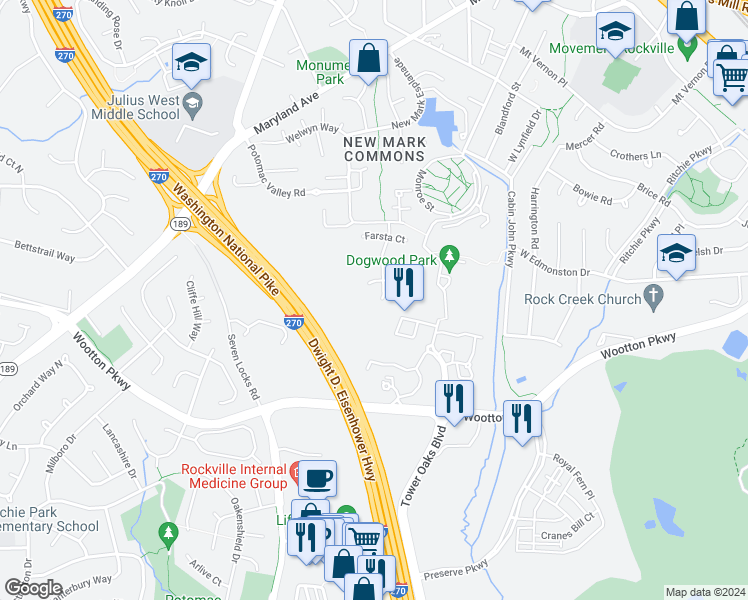 map of restaurants, bars, coffee shops, grocery stores, and more near 9 Scandia Way in Rockville