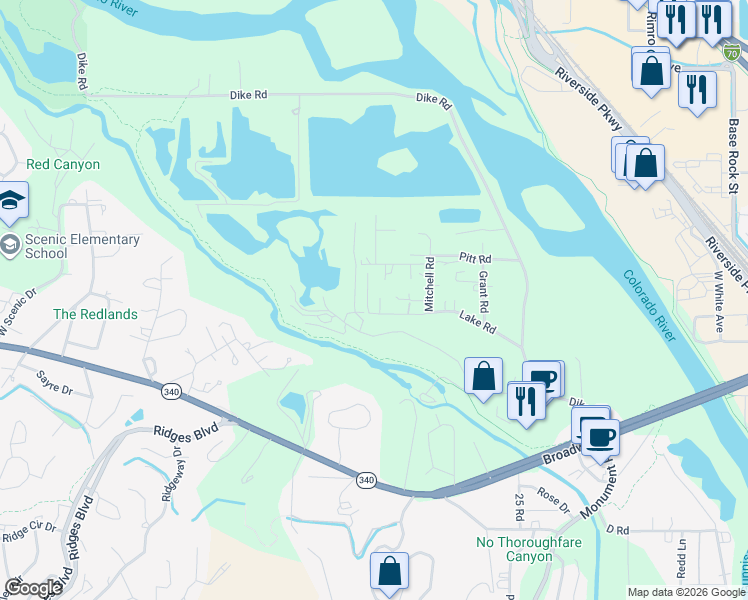 map of restaurants, bars, coffee shops, grocery stores, and more near 454 McFry Road in Grand Junction