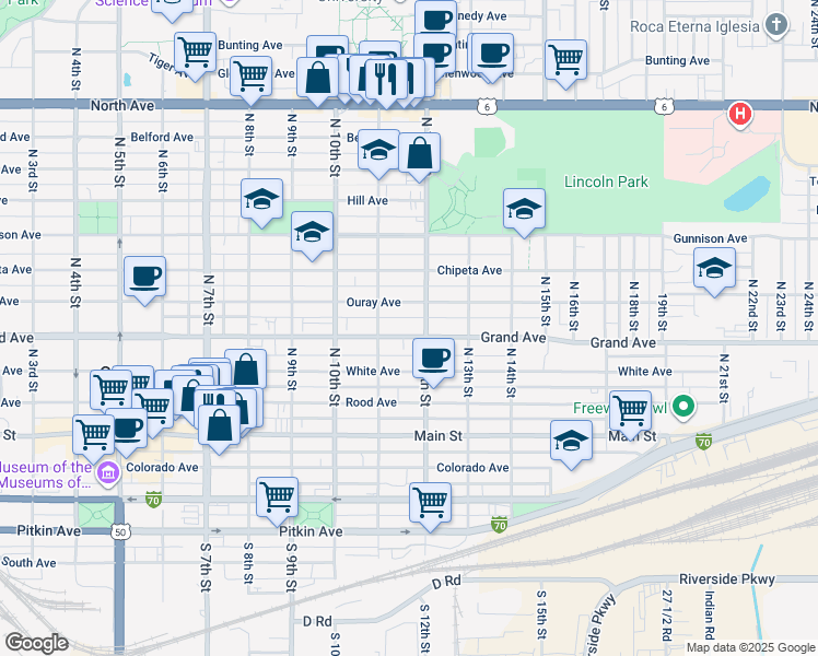 map of restaurants, bars, coffee shops, grocery stores, and more near 1144 Grand Avenue in Grand Junction