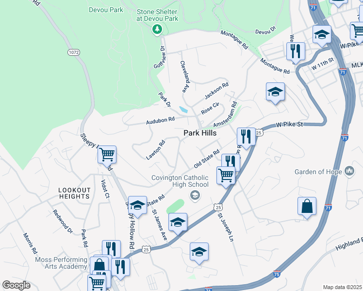 map of restaurants, bars, coffee shops, grocery stores, and more near 1123 Amsterdam Road in Park Hills