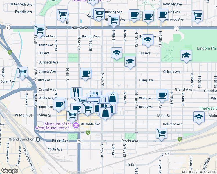 map of restaurants, bars, coffee shops, grocery stores, and more near 742 Grand Avenue in Grand Junction