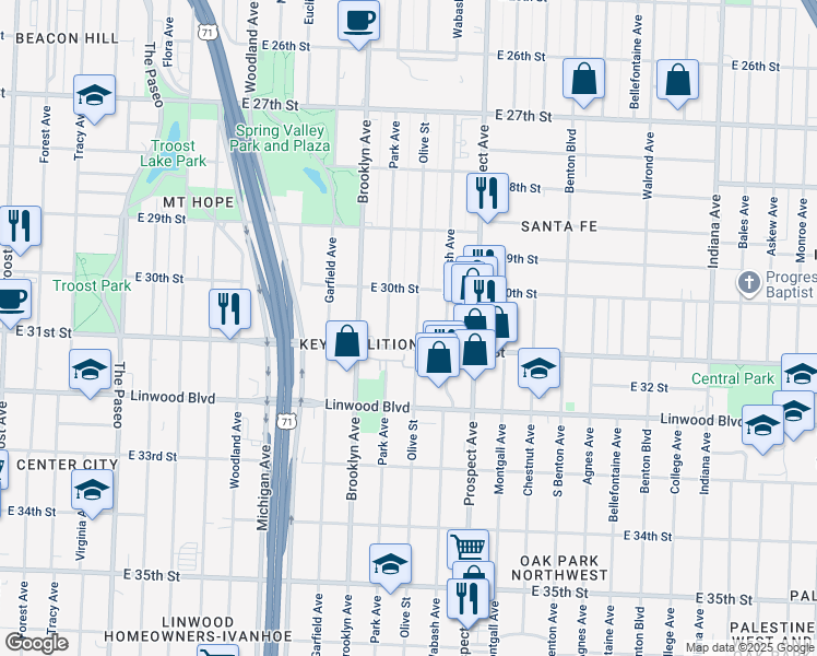 map of restaurants, bars, coffee shops, grocery stores, and more near 3032 Olive Street in Kansas City