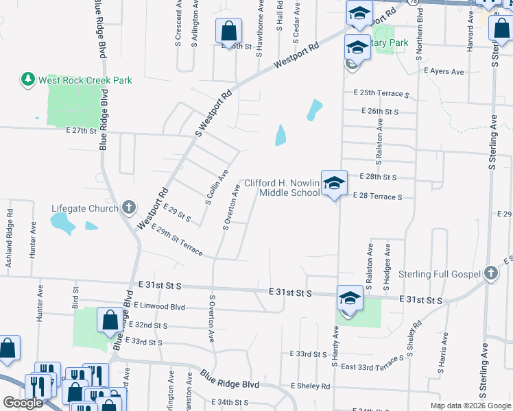 map of restaurants, bars, coffee shops, grocery stores, and more near 2815 South Hawthorne Avenue in Independence