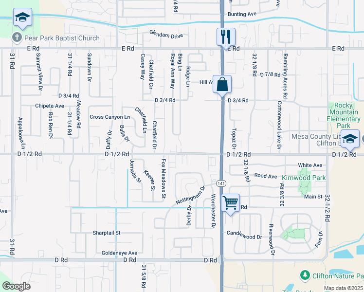 map of restaurants, bars, coffee shops, grocery stores, and more near 3170 D 1/2 Road in Grand Junction