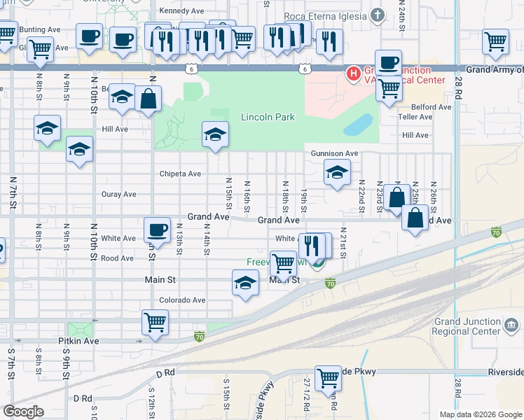map of restaurants, bars, coffee shops, grocery stores, and more near 1616 Grand Avenue in Grand Junction