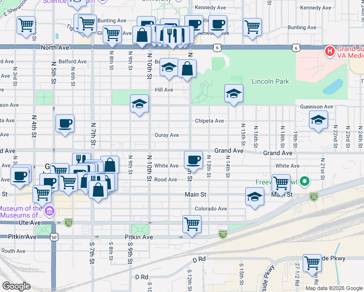 map of restaurants, bars, coffee shops, grocery stores, and more near 1134 Grand Avenue in Grand Junction