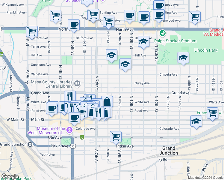 map of restaurants, bars, coffee shops, grocery stores, and more near 401 North 8th Street in Grand Junction
