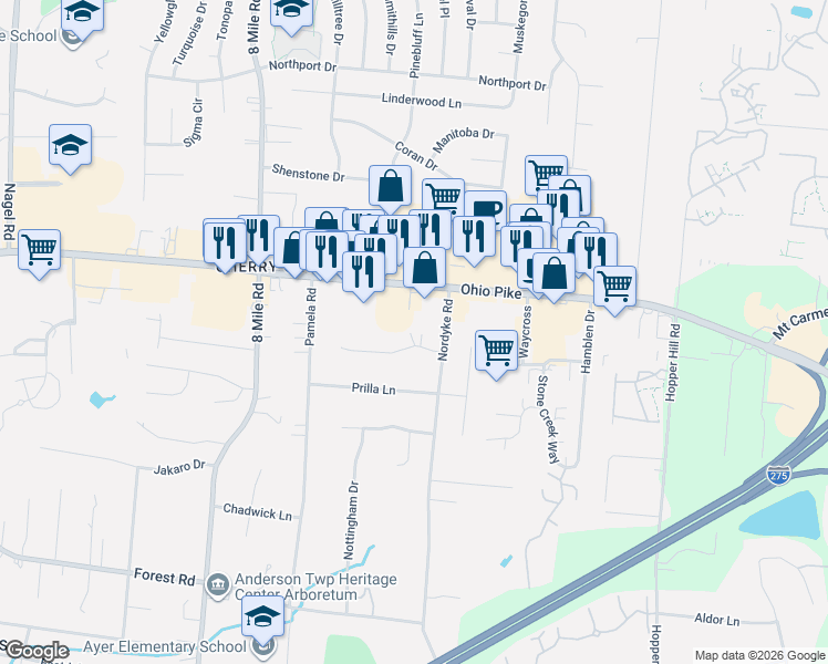 map of restaurants, bars, coffee shops, grocery stores, and more near 8594 Sunmont Drive in Cincinnati