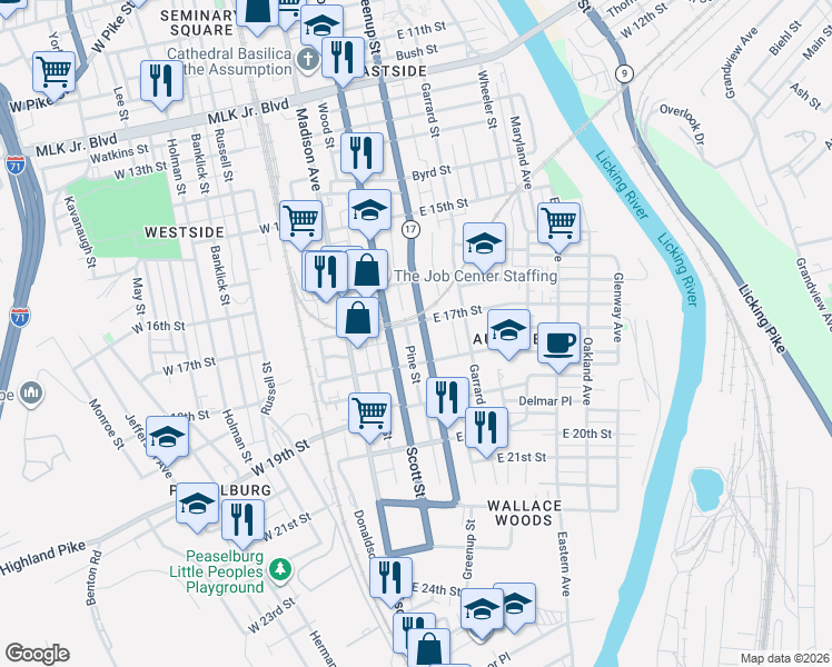 map of restaurants, bars, coffee shops, grocery stores, and more near 1711 Greenup Street in Covington