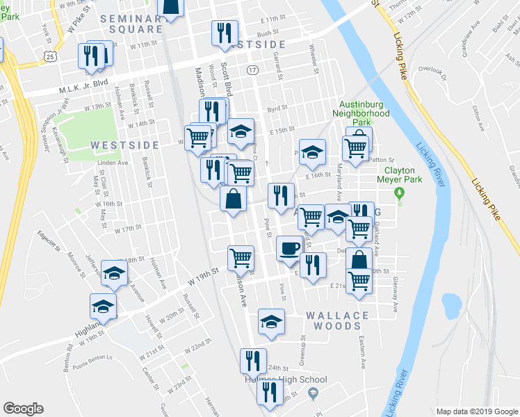 map of restaurants, bars, coffee shops, grocery stores, and more near 1711 Greenup Street in Covington