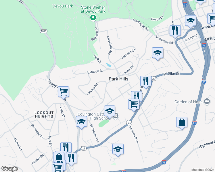 map of restaurants, bars, coffee shops, grocery stores, and more near 1123 Amsterdam Road in Park Hills