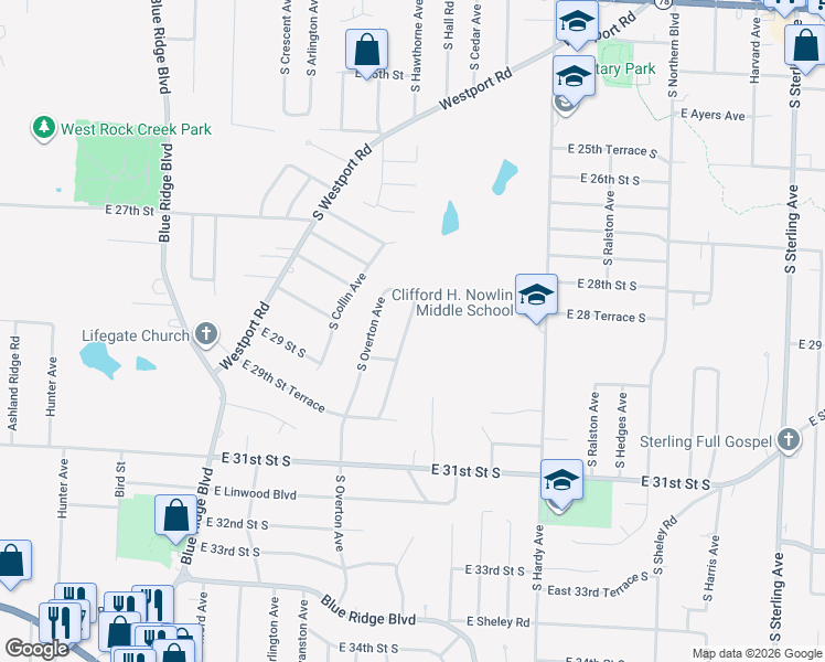 map of restaurants, bars, coffee shops, grocery stores, and more near 2815 South Hawthorne Avenue in Independence