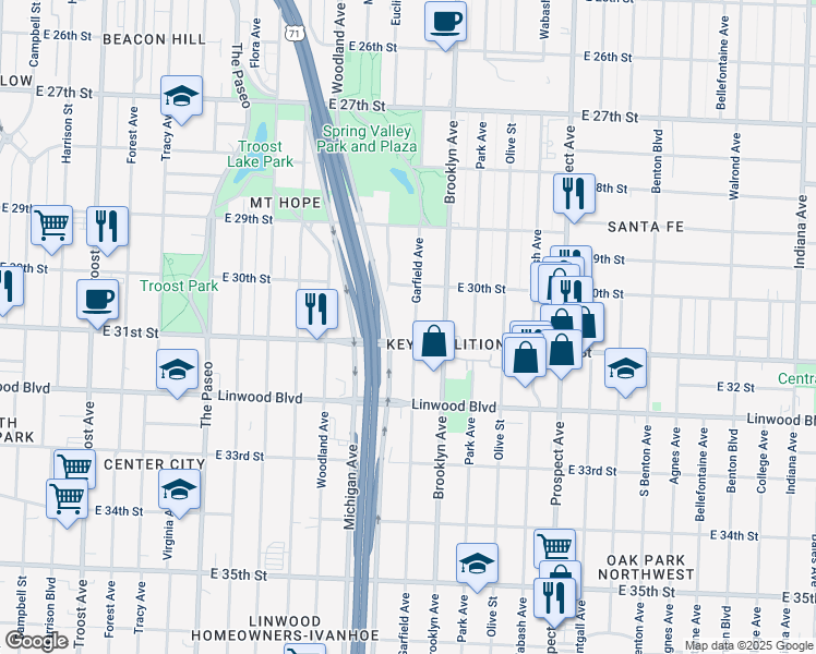 map of restaurants, bars, coffee shops, grocery stores, and more near 3039 Garfield Avenue in Kansas City