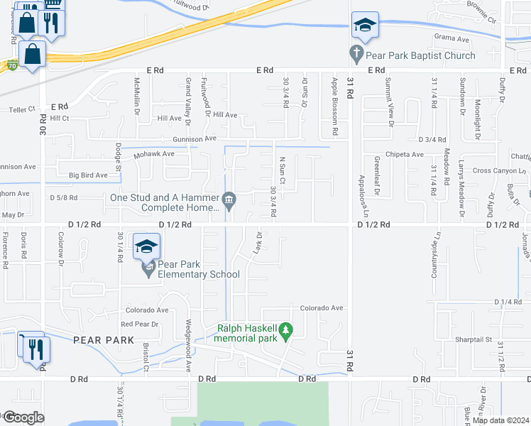 map of restaurants, bars, coffee shops, grocery stores, and more near 3072 Aztec Court in Grand Junction
