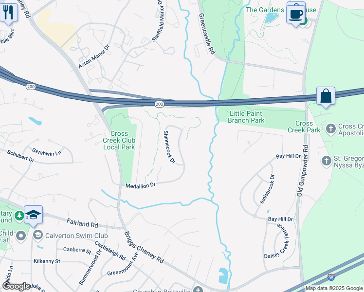 map of restaurants, bars, coffee shops, grocery stores, and more near 4411 Medallion Drive in Silver Spring