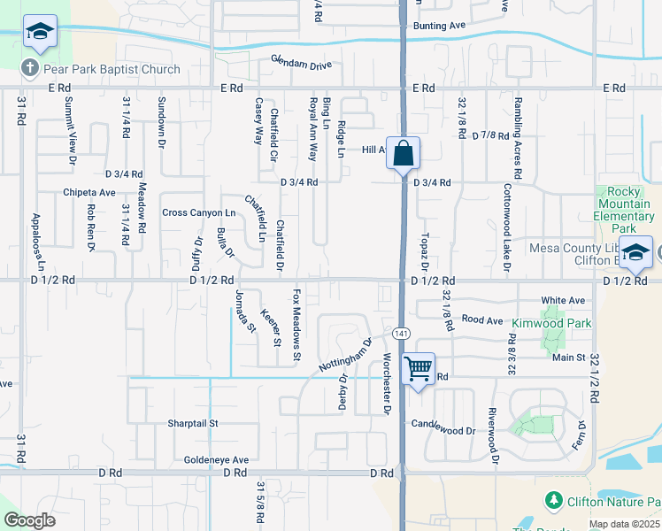 map of restaurants, bars, coffee shops, grocery stores, and more near 3170 D 1/2 Road in Grand Junction