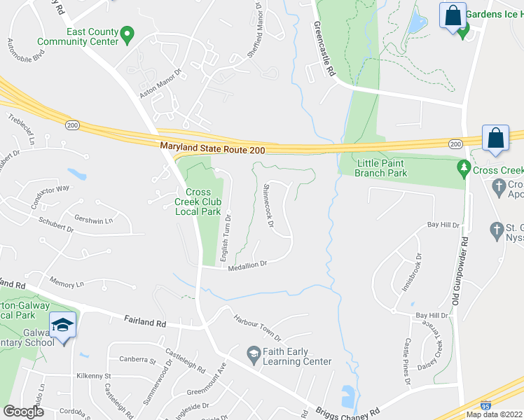 map of restaurants, bars, coffee shops, grocery stores, and more near 13120 Shinnecock Drive in Silver Spring