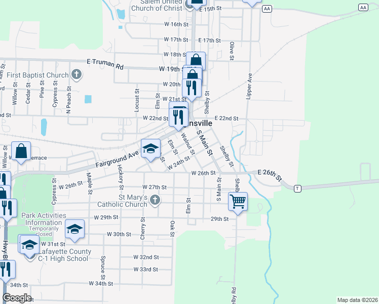 map of restaurants, bars, coffee shops, grocery stores, and more near 2304 Walnut Street in Higginsville