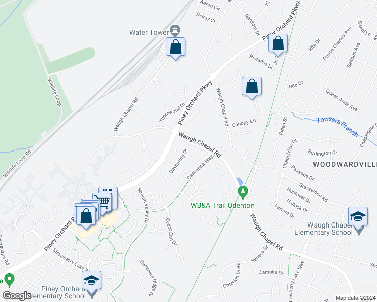 map of restaurants, bars, coffee shops, grocery stores, and more near 705 Dayspring Drive in Odenton