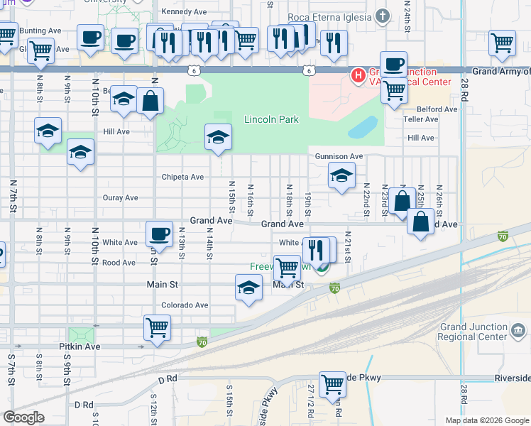 map of restaurants, bars, coffee shops, grocery stores, and more near 1616 Grand Avenue in Grand Junction