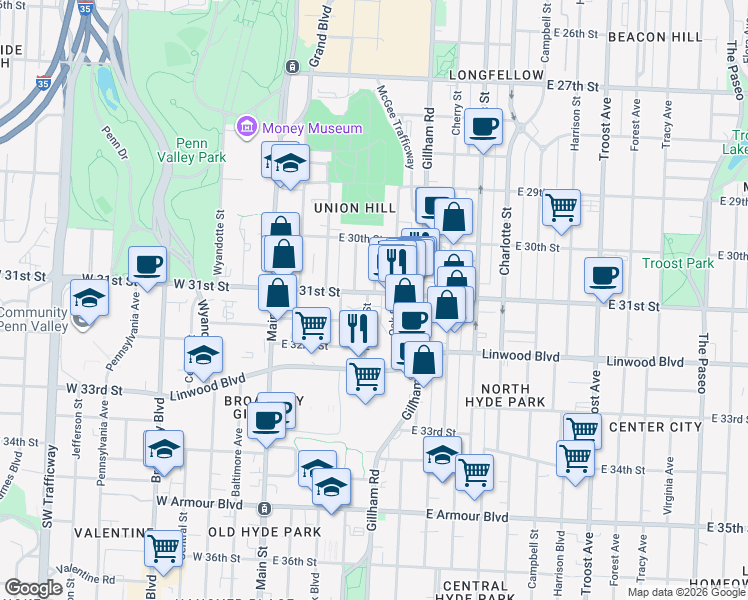 map of restaurants, bars, coffee shops, grocery stores, and more near in Kansas City