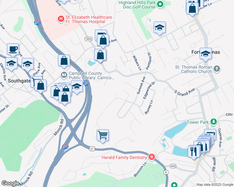 map of restaurants, bars, coffee shops, grocery stores, and more near 12 Aqua Vista Court in Fort Thomas