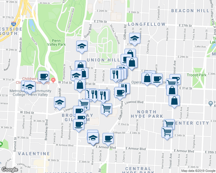 map of restaurants, bars, coffee shops, grocery stores, and more near 301 East 31st Street in Kansas City