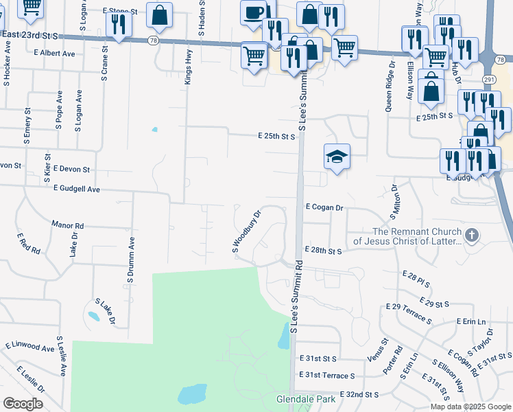 map of restaurants, bars, coffee shops, grocery stores, and more near 2704 South Woodbury Drive in Independence