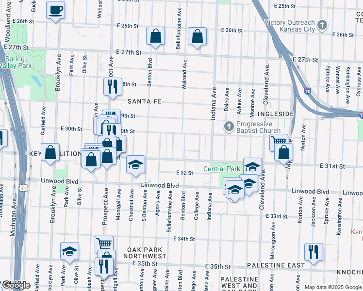 map of restaurants, bars, coffee shops, grocery stores, and more near 3019 Bellefontaine Avenue in Kansas City