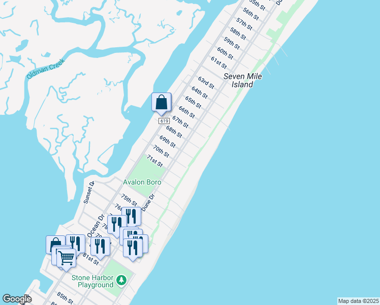 map of restaurants, bars, coffee shops, grocery stores, and more near 165 69th Street in Avalon