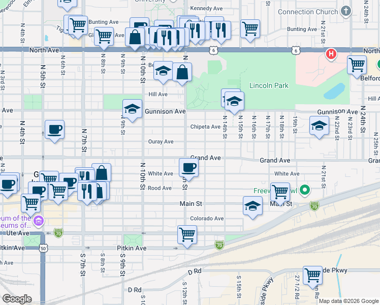 map of restaurants, bars, coffee shops, grocery stores, and more near 1212 Grand Avenue in Grand Junction