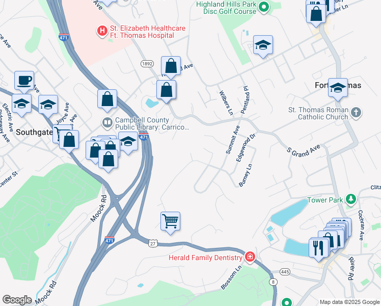map of restaurants, bars, coffee shops, grocery stores, and more near 100 Aqua Vista Court in Fort Thomas