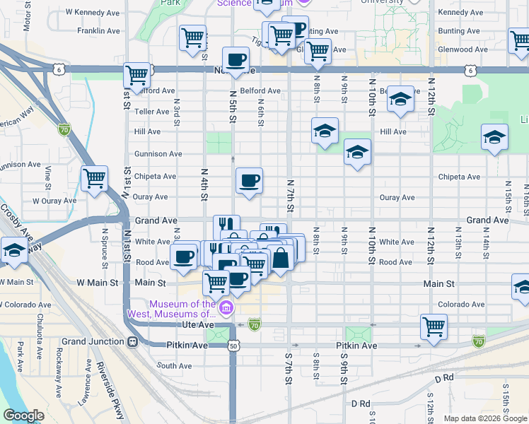 map of restaurants, bars, coffee shops, grocery stores, and more near 604 Grand Ave in Grand Junction