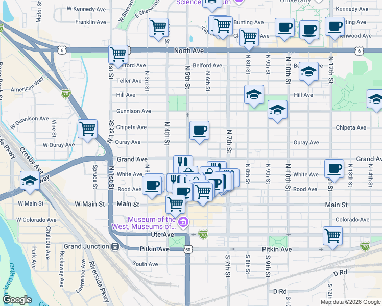 map of restaurants, bars, coffee shops, grocery stores, and more near 502 Grand Avenue in Grand Junction