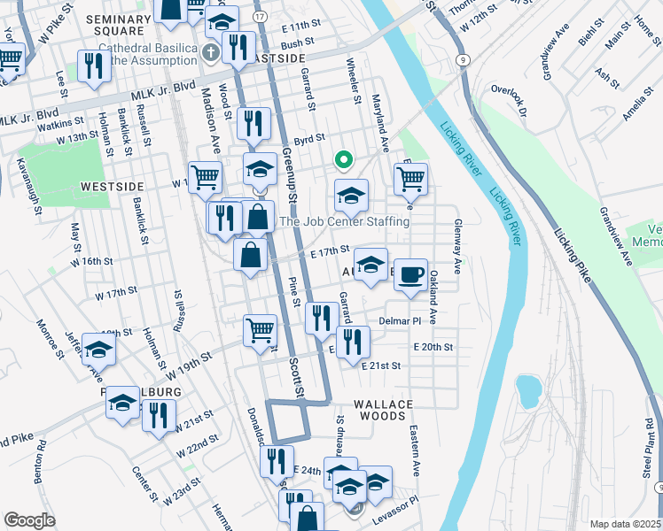 map of restaurants, bars, coffee shops, grocery stores, and more near 1717 Garrard Street in Covington