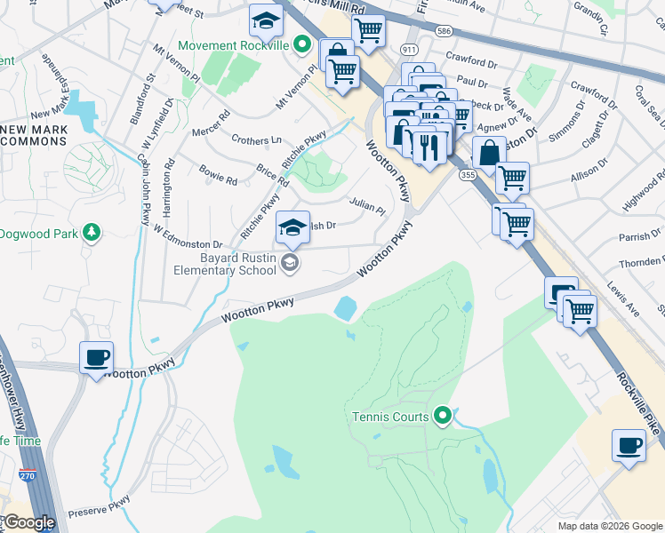 map of restaurants, bars, coffee shops, grocery stores, and more near 1011 Curtis Place in Rockville