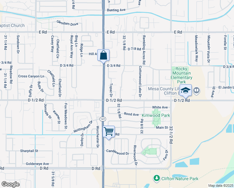 map of restaurants, bars, coffee shops, grocery stores, and more near 453 32 1/8 Road in Clifton