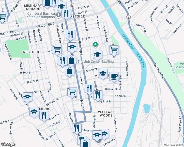 map of restaurants, bars, coffee shops, grocery stores, and more near 1717 Garrard Street in Covington